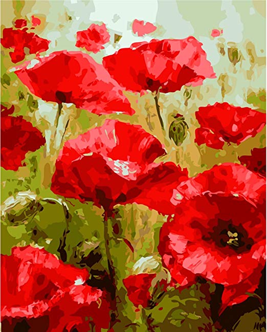YEESAM ART New DIY Paint by Number Kits for Adults Kids Beginner - Red Poppies Flowers 16x20 inch Linen Canvas - Stress Less Number Painting Gifts
