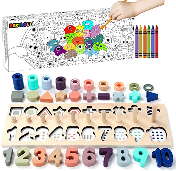 BEKILOLE Wooden Number Puzzle for Toddler Activities - Montessori Toys for Toddlers Shape Sorting Counting Game for Age 3 4 5 Year olds Kids - Preschool Math Learning Toys for Toddlers 1-3