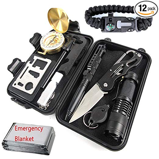 HuKimGee Emergency Survival Gear Kits 12 in 1, Professional Outdoor Survival Military EDC Tools with Fire Starter Knife Whistle Emergency Blanket Bracelet etc for Outdoor Travel Hike Field Hunting