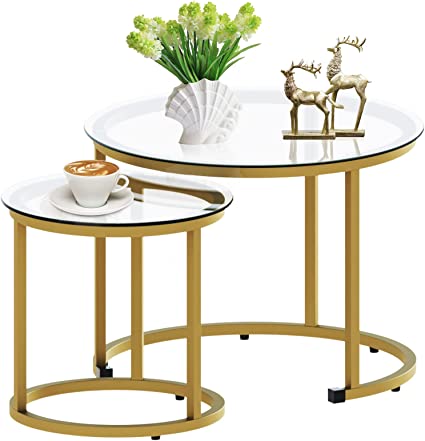 aboxoo Gold Nesting Coffee Table Set of 2, Small Glass Nesting Tables for Living Room Bedroom, Accent Tea Table with Metal Frame Modern Industrial Simple