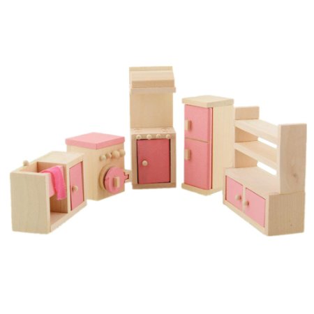 Soledi Wooden Doll Kitchen House Furniture Cooker Fridge Cupboard Dollhouse Miniature Set For Kids Children Child Gift Collectible Craft