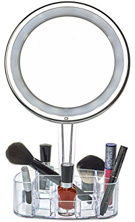 Magnifying Lighted Makeup Mirror | 7X Round LED Portable Illuminated Bathroom Mirror - Vanity Makeup Mirror with Swivel Stand, Vanity Tray & Makeup Holder Stand | by daisi
