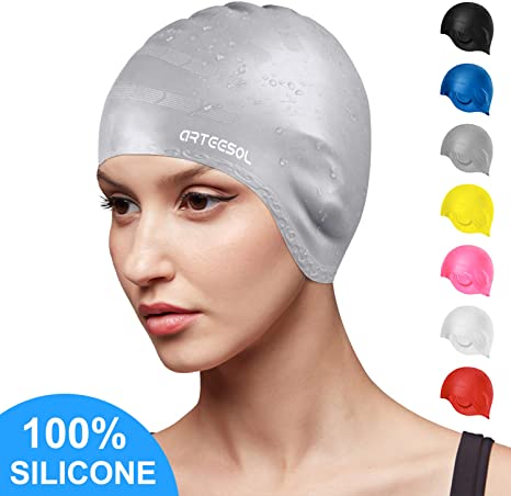 arteesol Swimming Cap, Silicone Swim Cap for Women Men, Durable Non-Slip Waterproof Swim Cap Protect Ears, Long Hair for Adults, Older Kids, Boys and Girls