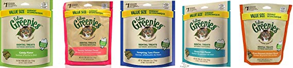 Greenies Dental Cat Treats Variety Pack - (2) of Each of 5 Flavors (Tempting Tuna, Savory Salmon, Ocean Fish, Oven Roasted Chicken, and Catnip Flavor) - 5.5 Ounces Each (10 Total Pouches)