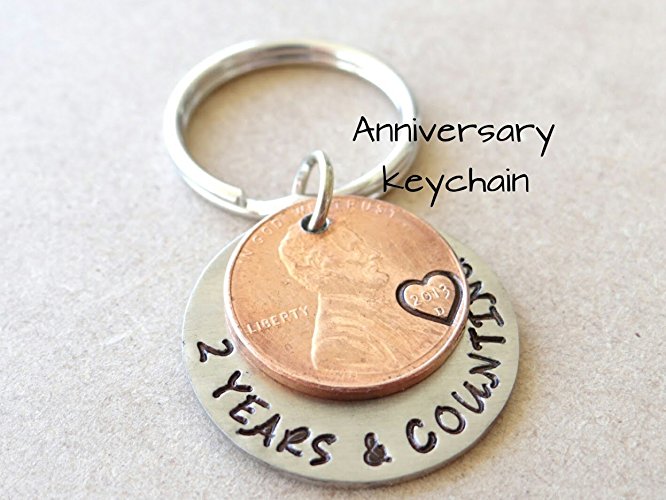 Anniversary Keychain, Anniversary gift, Initials, Penny, stamped penny, Penny Keychain, our first anniversary, 2 year and counting, Valentines Gift