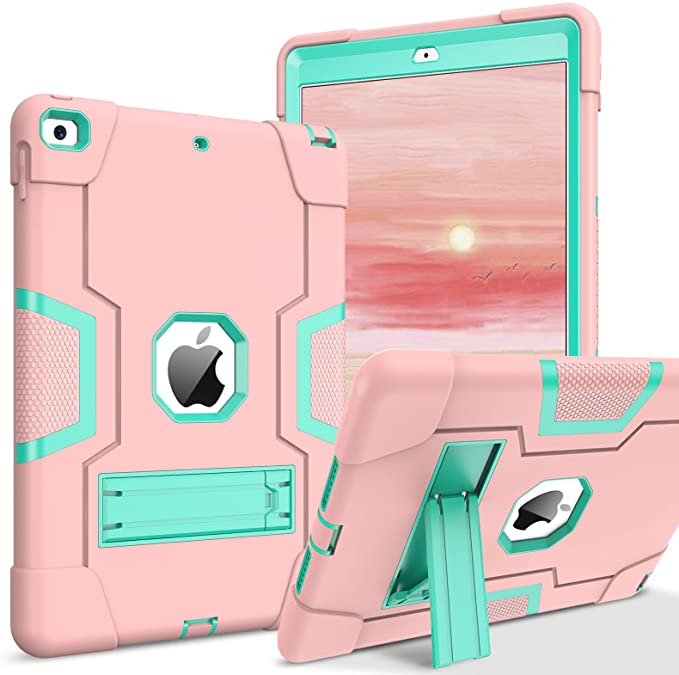 iPad 9th Generation Case 10.2 Inch 2021, iPad 8th Generation Case,iPad 7th Generation Case,DUEDUE Kickstand 3 in 1 Shockproof Heavy Duty Hybrid Hard PC Cover Full Body Protective Case for iPad 10.2 2019/2020/2021 for Women Girls Kids,Rose Gold