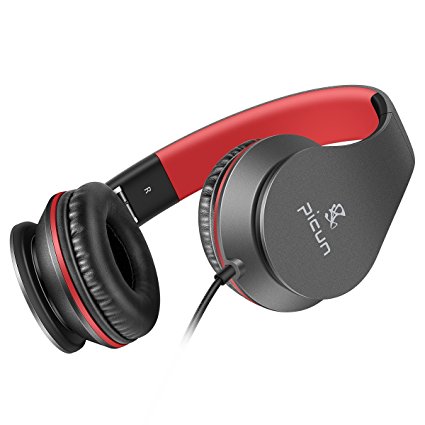 Headphones with Microphone Over Ear Bass Stereo Wired Headphones Foldable Lightweight Leather Computer Cellphones TV Headset for Women Men Girls Boys Kids, 40mm Driver, Picun - Black & Red