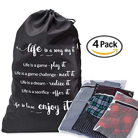 Best Laundry Bag Heavy Duty Material with Drawstring and Shoulderstrap - Combined with 3 Mesh/Wash Bags For Lingerie/Underwear (Black and White)