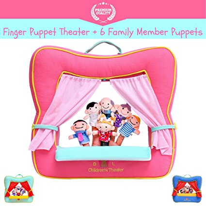 Finger Puppet Theater Stage by Better Line - Set Includes 6 Finger Family Puppets - Portable Plush Finger Puppet Theater is the Best Preschool Kids Toy (Pink Color)