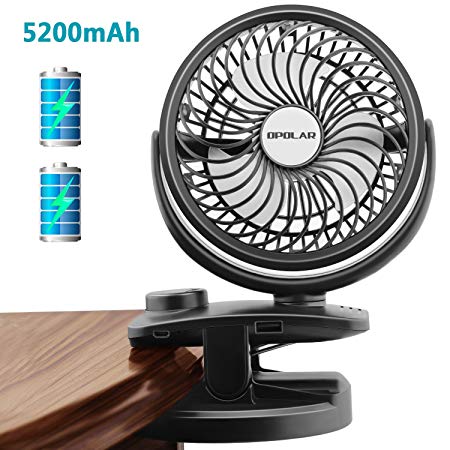 OPOLAR Clip on Fan, 5200mAh Rechargeable Battery or USB Powered, Power Bank Function, Clip & Desk Fan 2 in 1, Quiet Mini Personal Fan for Baby Stroller, Treadmill, Office, Outdoor Camping