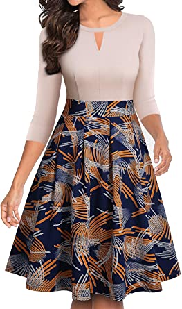 ihot Women's Vintage Floral Flared A-Line Swing Casual Party Dresses with Pockets
