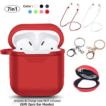 LKDEPO 7 in 1 Accessories Set Compatible Airpods Case [Include Protective Silicone Case Cover/Ear Hook/Keychain/Strap/Travel Coin Bag] (red)