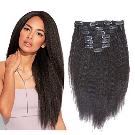 Kinky Straight Clip Ins Extensions Virgin Afro Clip In Human Hair Extensions For Black Women Brazilian Yaki Straight Natural Hair Curly Clip in Extensions Black Big Thick for African Women 16 Inch