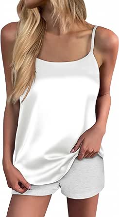 Ekouaer Womens Silk Tank Top Camisole Spaghetti Strap Satin Cami Tops Basic Crew Neck Y Back Silky Camis S-XXL