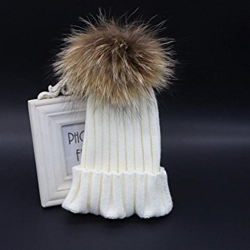 Kids Boys Girls Winter Lovely Raccoon Fur Hats Gunuine Fur Pompom Beanies Hat by FEITONG