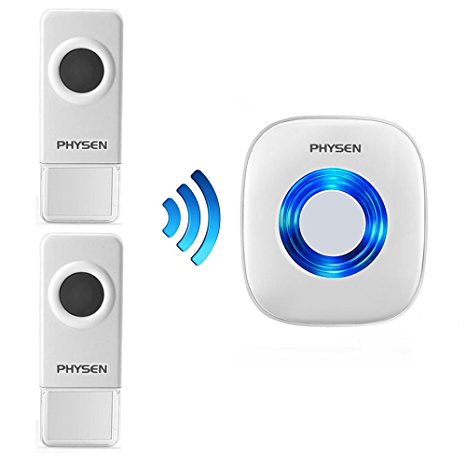 PHYSEN Model CW Waterproof Wireless Doorbell kit with 2 Push Buttons and 1 Plugin Receiver,1000ft Range with 52 Melodies Door Chimes,No Battery Required for Receiver