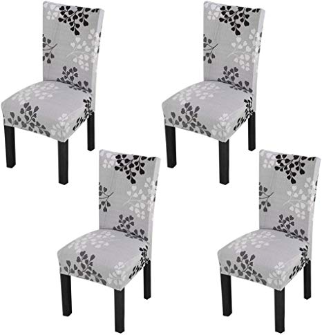 YISUN Stretch Dining Chair Covers Removable Washable Short Dining Chair Protect Cover for Hotel,Dining Room,Ceremony,Banquet Wedding Party (Grey/Leaf Pattern, 4 PCS)
