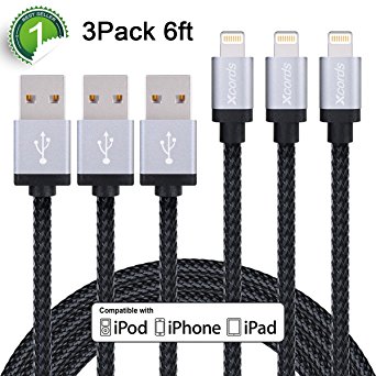 Xcords(TM) 3Pack 6ft Nylon Braided 8 Pin Lightning to USB Cable Data Syncing Cord Compatible with iPhone 7/ 7 Plus/6/ 6 Plus/ 6s/ 6s Plus /5/5s/5c/SE/iPad/iPod/Beats Pill (Black)