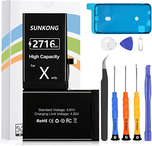 Battery for iPhone X Only, SUNKONG 2716mAh StandardCapacity Battery Replacement Fit for A1865 A1901 A1902 with Full Set Repair Tool Kits