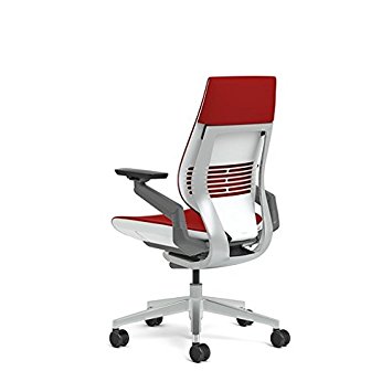 Steelcase Gesture Office Chair - Cogent Connect Scarlet Upholstered Wrapped Back Platinum Metallic Frame Medium Seat Light Seagull Seat/Back Dark Merle Arms Hard Floor Caster Wheels