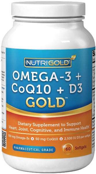 Omega-3   CoQ10   Vitamin D3 GOLD - 700 mg of Omega-3 Fish Oil with 2500 IU Vitamin D3 and 50 mg Kaneka Q10 (60 Softgels)