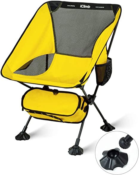 iClimb Ultralight Compact Camping Folding Beach Chair with Anti-Sinking Large Feet and Back Support Webbing