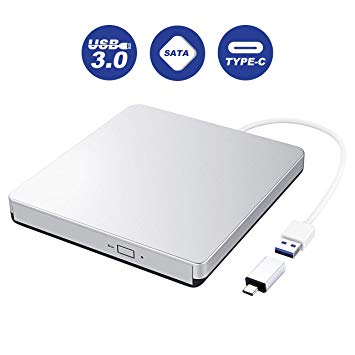 CD/DVD External Drive with USB3.0 and Type-C Interface, Faster Speed Transmission and Portable Design, TOPELEK CD-ROM/DVD-RM Reader and Writer with Fashionable Silver, Compatible with Windows and Mac