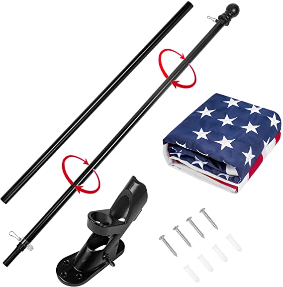 American Flag 2.5x4 ft with Black Pole Kit - Heavyweight Nylon - Embroidered Stars and Sewn Stripes - 6 Ft No Tangle Flagpole Aluminum and 2-Position Flag Pole Bracket