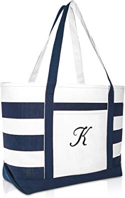 DALIX Premium Beach Bags Striped Navy Blue Zippered Tote Bag Monogrammed A - Z