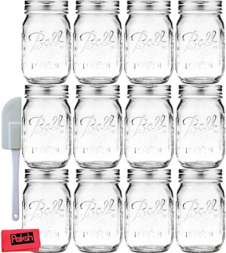 Glass Regular Mouth Mason Jars 16 oz, Bundle with Mini Scraper & Cloth, Canning, Freezing, Storage & Preserving Jelly / Jam Jars. with Metal Lids and Bands [12 Pack]