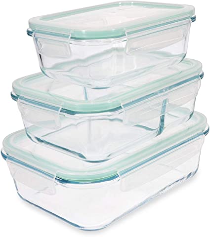 Navaris Glass Food Container Set - Mixed Set of 3 Storage Containers with Lids - Airtight, Leakproof, Oven, Microwave, Freezer and Dishwasher Safe