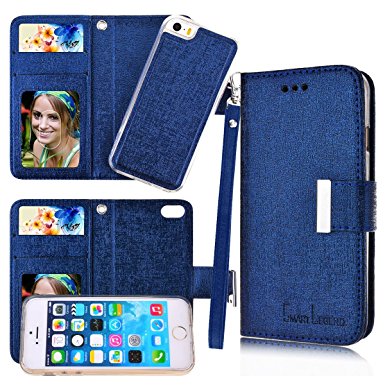 iPhone 5 5S Case, iPhone SE Case, SmartLegend Wallet Case 2 in 1 PU Leather Folio Protective Shell Magnetic Detachable TPU Inner Back Cover with Card Slots & Wrist Strap for iPhone 5/5S/SE(Navy Blue)