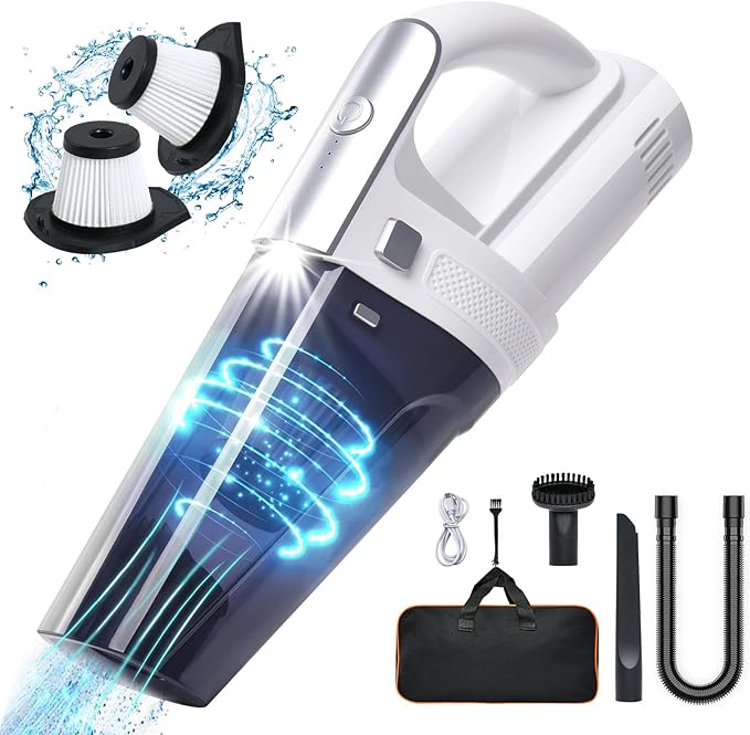 URAQT Handheld Vacuum Cordless, Portable 10000Pa Strong Suction Car Vacuum Cleaner Dust Busters, 2 Speed Wet Dry Vacuum with LED Light, Rechargeable Hand Held Vacuuming for Home, Office, Car (White)