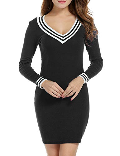 ACEVOG Women's V-Neck Long Sleeve Basic Knit Sweater Bodycon Mini Dress