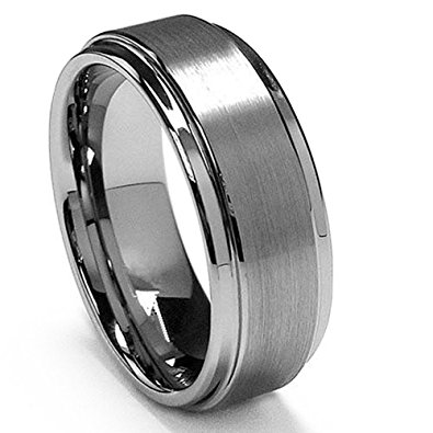 King Will BASIC 8mm White Tungsten Ring Wedding Band Step Edge Brushed Center Any Size