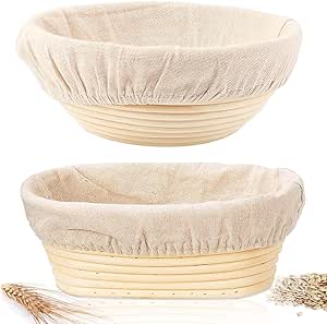 Sourdough Bread Baking Supplies, 2 Pack Banneton Bread Proofing Basket 10 inch Round & 10 inch Oval Proofing Bowls for Sourdough Bread with Liner Making Baking Fermentation Tools