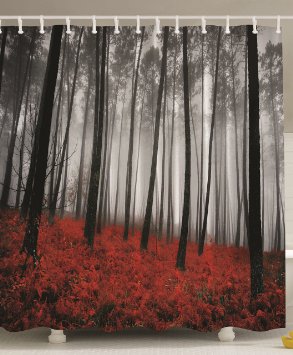 Ambesonne Farmhouse Country Home Woodland Decor, Mystic Forest Trees and Leaves Red Grass Modern Art Flower Rainy Foggy Gray Scene Print Fabric Shower Curtain, 69x70 Inches Long, Black and Gray