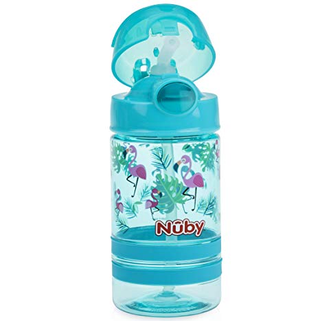 Nuby Thirsty Kids Flip-it Thin Straw Active On The Go Water Bottle with Push Cap and Carry Handle, Aqua Flamingo, 12 Ounce