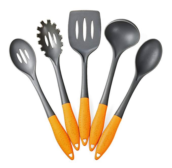 Deiss ART 5-piece Nylon Utensil Set — Soup Ladle, Slotted Turner, Spaghetti Server, Serving Spoon, Slotted Serving Spoon — Safe for Non-stick Cookware — Dishwasher Safe