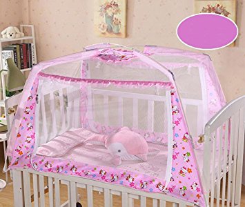 CdyBox Zippered Baby Toddler Nursery Crib Bed Canopy Mongolia Pack Foldable Mosquito Net Tent with Stand (Pink)