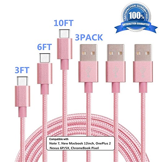USB Type C Cable, SUPZY Durable Nylon Braided High Speed 2.0 Type C to Type A Cable for Google Pixel/Pixel XL, Nexus 6p/5X,LG G6, Samsung Galaxy S8,S8 plus, HTC 10 etc. (3pack 3ft 6ft 10ft,pink)