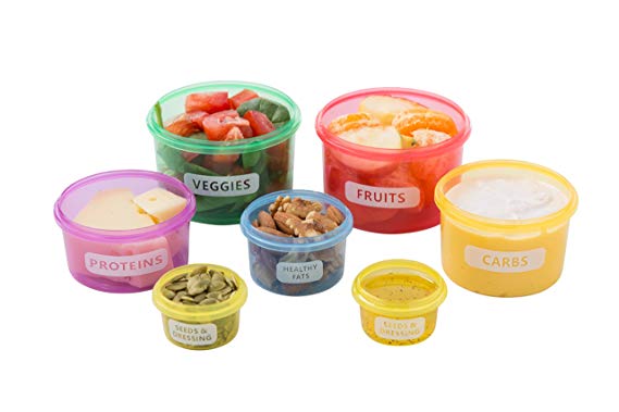 7 Piece Portion Control Container Set Multi-Colored Perfect sized Food Storage Boxes with Leak proof Lids for Diet Meal Preparation By Kitchen Winners