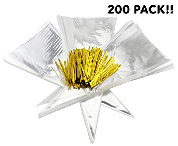 Cone-Shaped Treat Bags (200 Bags   200 Twist Fastens); Clear Cellophane Goody, Treat & Popcorn Bags (12-Inch x 6.5 Inch)