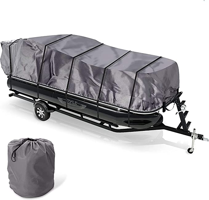 Pyle Protective Storage Boat Cover - Universal Waterproof and Weather Resistant with Sun Damage Protection Armor Shield Marine Grade Canvas for 21ft to 24ft Trailer Pontoon - PCVHP661