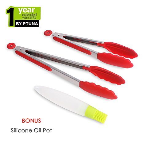 Silicone Kitchen Tongs 2-Pack (Red, 9 & 12-inch), Ptuna Heat Resistant, Stainless Steel Cooking Tongs, Serving Tongs, Salad Frying BBQ Food Tongs - Bonus Silicone Oil Brush