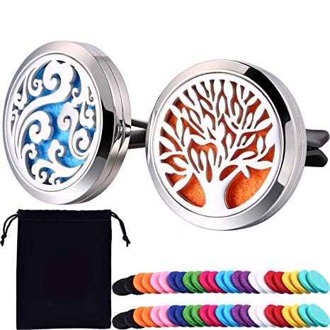 Tatuo 2 Pieces 316L Stainless Steel Car Aromatherapy Essential Oil Diffuser Air Freshener Vent Clip Locket with 48 Pieces Replacement Felt Pad (Cloud, Tree Patterns)