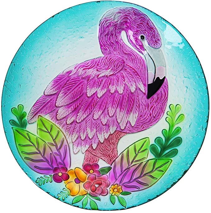 Evergreen Garden Flamingo Embossed Glass Bird Bath - 18 x 2 x 18 Inches.64oz. Outdoor Décor for Your Garden, Patio or Lawn. Bird Lovers Glass Bird Bath or Feeder Dish