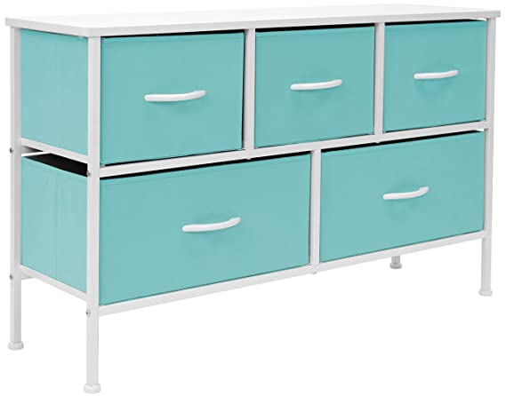 Sorbus Dresser with 5 Drawers - Furniture Storage Chest for Kid’s, Teens, Bedroom, Nursery, Playroom, Clothes, Toys - Steel Frame, Wood Top, Fabric Bins (Pastel Aqua)