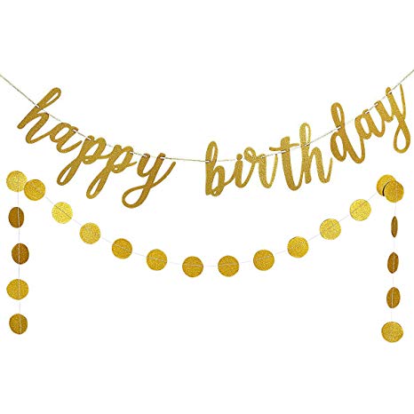 Gold Glittery Happy Birthday Banner and Gold Glittery Circle Dots Garland(25pcs Circle Dots) -Birthday Party Decoration Supplies