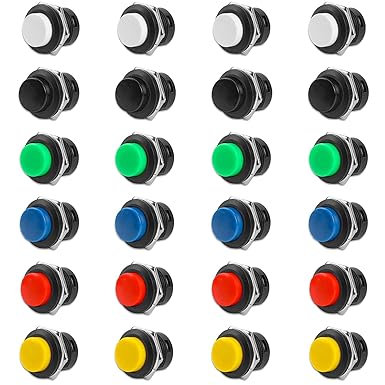 24Pcs 16MM Momentary Push Button Switch Mini Round Push Button Self-Resetting Switch Button Assorted Red Green Yellow Blue White Black 3A 250V AC 2-Pin